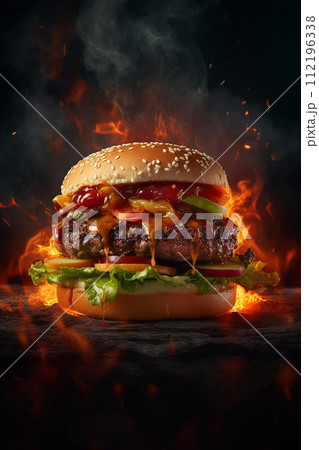 Juicy cheeseburger with fresh lettuce, tomato, and cheese on a toasted bun. Juicy cheeseburger with fresh lettuce, tomato, and cheese on a toasted bun. 112196338