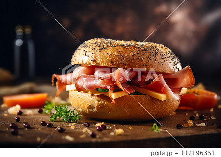 Sesame bun sandwich with prosciutto, cheese, lettuce, and tomato on orange background. Sesame bun sandwich with prosciutto, cheese, lettuce, and tomato on orange background. 112196351