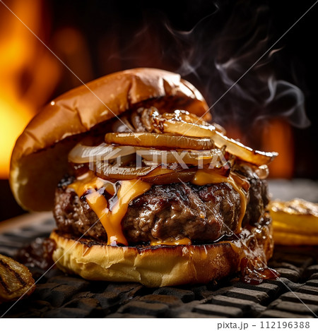 Juicy cheeseburger with fresh lettuce, tomato, and cheese on a toasted bun. 112196388