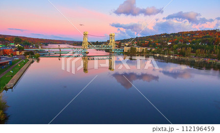 Aerial Golden Hour Lift Bridge Reflections in Houghton 112196459