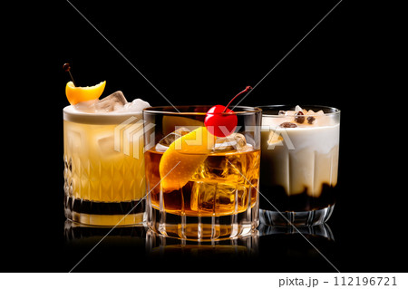 Set and collection of classic alcohol cocktails or mocktail isolated on white background with fresh summer fruits 112196721