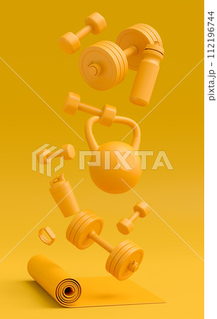 Isometric view of sport equipment like kettlebell, dumbbell and smart watches 112196744