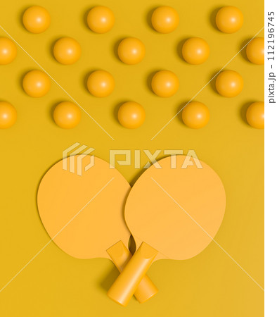 Pair of ping pong rackets for table tennis with ball on blue background 112196745