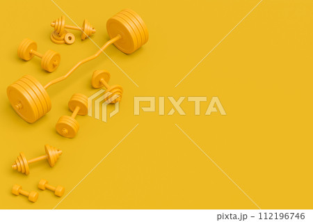 Isometric view of sport equipment like kettlebell, fitness ball and yoga mat 112196746