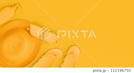 Colorful beach accessories and luggage for summer vacation on monochrome. 112196750