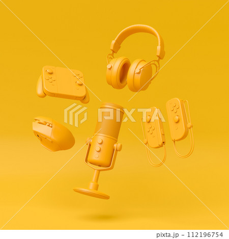 Flying gamer gears like mouse, keyboard, joystick, headset, VR, microphone Flying gamer gears like mouse, keyboard, joystick, headset, VR, microphone 112196754
