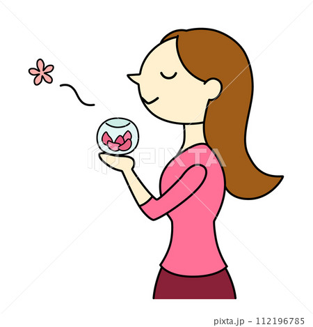 ポプリの香りを楽しむロングヘアの女性　主線あり 112196785