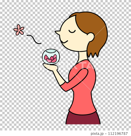 一個短髮女子享受著花香的香味,主線 一個短髮女子享受著花香的香味,主線 112196787