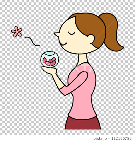 ポプリの香りを楽しむポニーテールの女性　主線あり 112196789