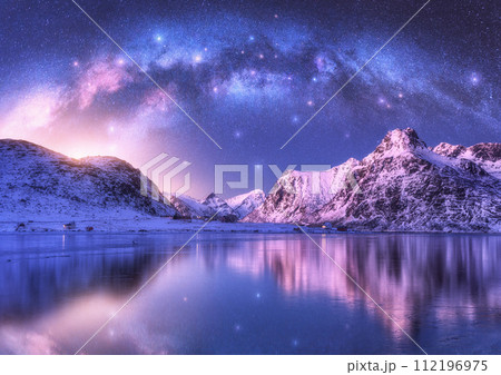Milky Way arch over the sea coast and snow covered mountains Milky Way arch over the sea coast and snow covered mountains 112196975