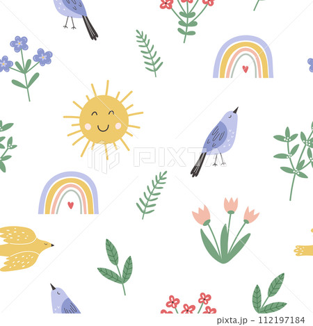 Seamless pattern with birds, sun, rainbow and flowers in childish style. Simple springtime design 112197184