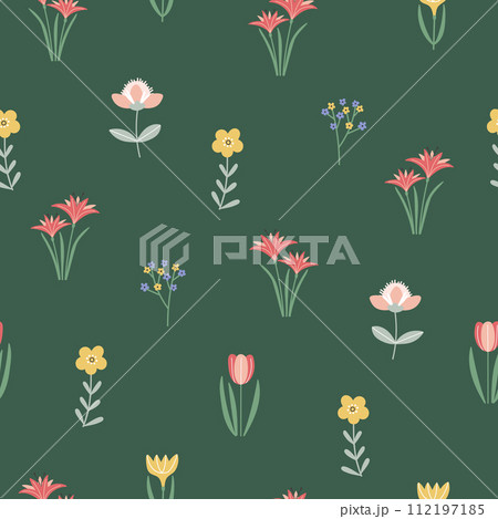 Simple floral pattern vector design. Single flowers on dark green background 112197185