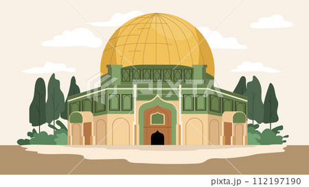 Vector Illustration of majestic Al-Aqsa Mosque and its iconic golden dome. Sacred Islamic Landmark. You can use for banner, poster, website, social media. 112197190