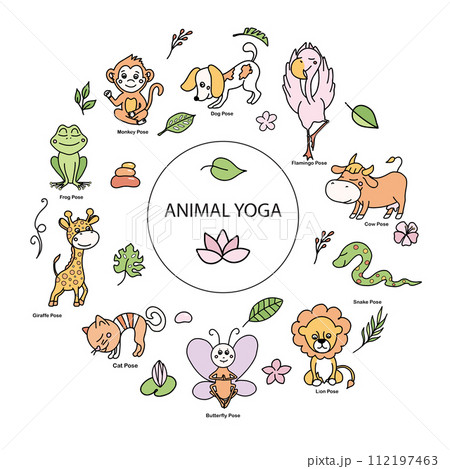 Set of animal yoga poses or asanas with tropical floral elements. Vector colored cartoon illustration in doodle style. 112197463