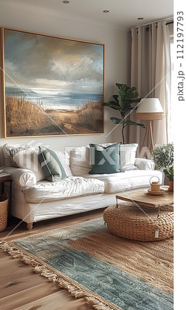 Cozy warm scandi home interior of a chic country house, wood finishes, warm colors. View of the recreation area for family and guests. AI Generative 112197793
