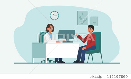 A female doctor interacting with her patient in a professional office environment. Medical consultation. Vector Illustration. 112197860