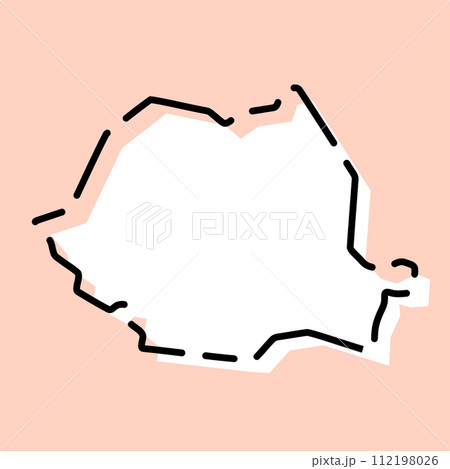 Romania country simplified map. White silhouette with black broken contour on pink background. Simple vector icon Romania country simplified map. White silhouette with black broken contour on pink background. Simple vector icon 112198026