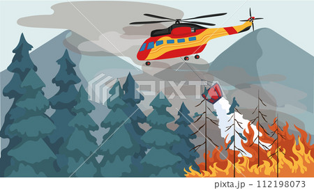 Vector illustration of forest fire scene with a helicopter conducting rescue operations to contain the fire and protect the ecosystem. 112198073
