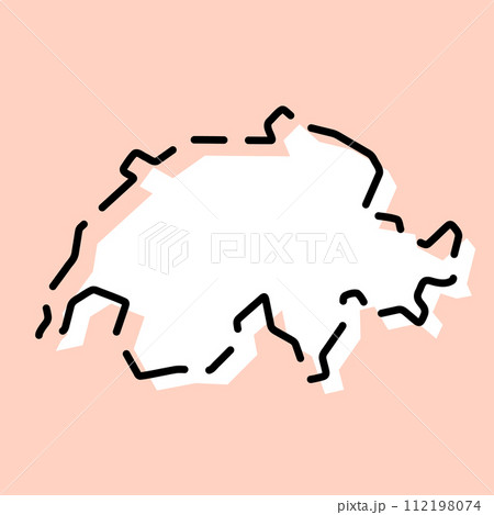 Switzerland country simplified map. White silhouette with black broken contour on pink background. Simple vector icon 112198074