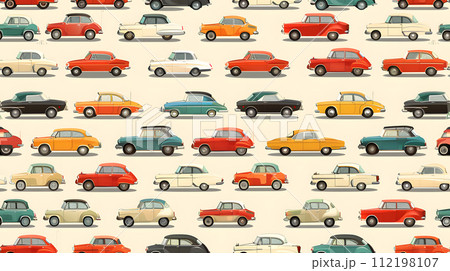 AI-generated content. A seamless pattern featuring different types of cars on a white background, showcasing automotive design, lighting, tires, wheels, hoods, and parking lights 112198107