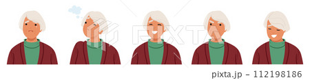 Old Woman Facial Emotions Set Ranging From Joy, Serenity, Skepticism And Nostalgia Sorrow To Sadness, Worry Old Woman Facial Emotions Set Ranging From Joy, Serenity, Skepticism And Nostalgia Sorrow To Sadness, Worry 112198186