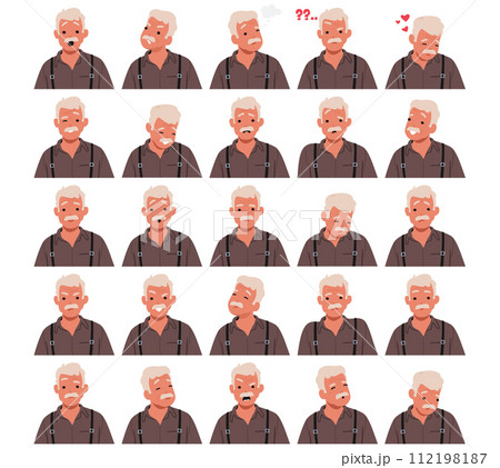 Old Man Face Emotions Set. Wrinkled Senior Male Character Feels Joy, Nostalgic Sadness, Fatigue And Confusion 112198187