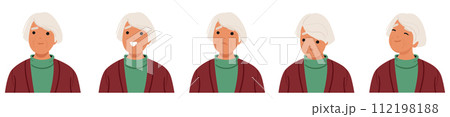 Old Woman Facial Emotions. Senior Female Character Calm, Smile, Upset And Happy. Granny Exudes Wisdom, Empathy Old Woman Facial Emotions. Senior Female Character Calm, Smile, Upset And Happy. Granny Exudes Wisdom, Empathy 112198188