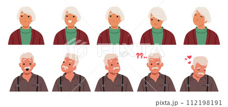 Old Man and Woman Face Expressions And Emotions. Male or Female Characters Feel Joy, Sorrow, And Confusion, Smile 112198191
