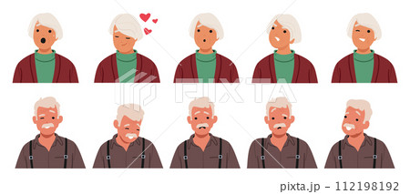 Old Man And Woman Face Expressions And Emotions. Male Or Female Characters Feel Surprise, Joy, Sorrow And Confusion 112198192