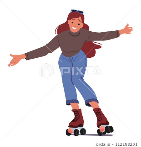 Young Woman Glides Effortlessly On Roller Skates, Exuding Joy And Freedom As She Navigates the Rink With Grace 112198201