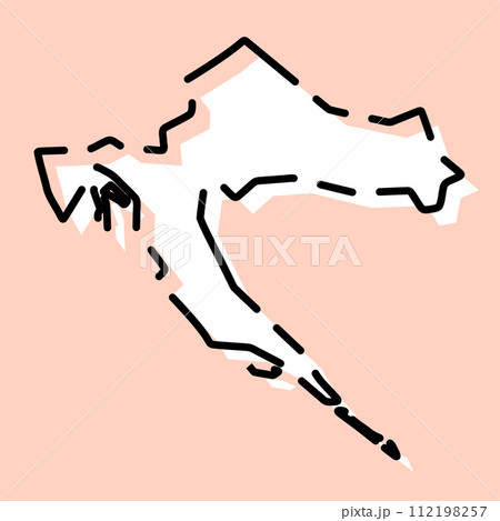 Croatia country simplified map. White silhouette with black broken contour on pink background. Simple vector icon Croatia country simplified map. White silhouette with black broken contour on pink background. Simple vector icon 112198257