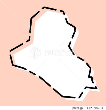 Iraq country simplified map. White silhouette with black broken contour on pink background. Simple vector icon 112198281