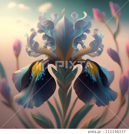 beautiful art blue colorful iris flower against soft pale background. Digital artwork. close up. paint style. Ai genarated beautiful art blue colorful iris flower against soft pale background. Digital artwork. close up. paint style. Ai genarated 112198337