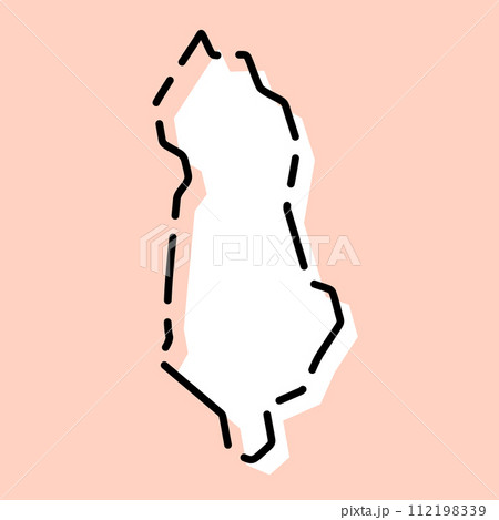 Albania country simplified map. White silhouette with black broken contour on pink background. Simple vector icon Albania country simplified map. White silhouette with black broken contour on pink background. Simple vector icon 112198339