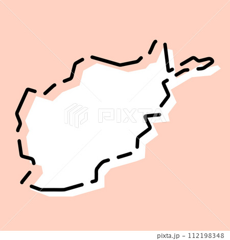 Afghanistan country simplified map. White silhouette with black broken contour on pink background. Simple vector icon 112198348
