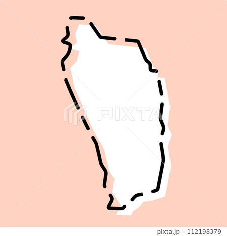 Dominica country simplified map. White silhouette with black broken contour on pink background. Simple vector icon 112198379