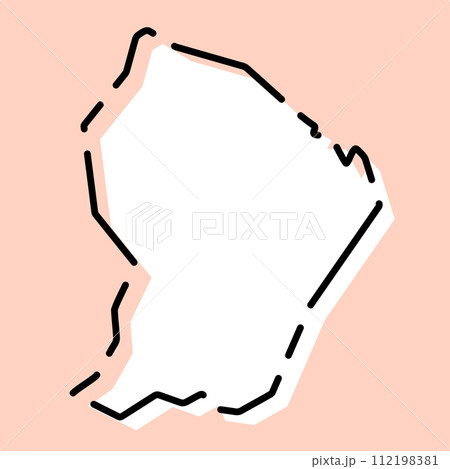French Guiana simplified map. White silhouette with black broken contour on pink background. Simple vector icon 112198381