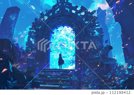 【AI生成画像・AIイラスト】青い神秘の風景、異世界への扉と少女 112198412