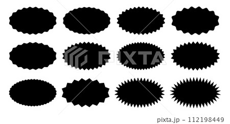 Set or oval shapes with wiggly and zigzag borders. Empty black sale, price, discount, special offer, coupon, promo code stickers. Speech bubbles, messages, text boxes in cartoon style 112198449