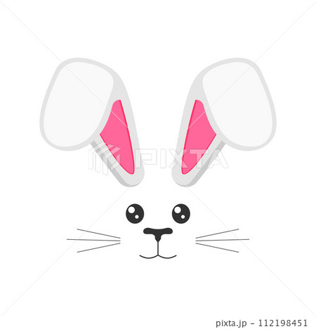 Cute bunny muzzle with bended ears, eyes, nose, mouth and whisker. Decoration element for Easter party, photo shoot, greeting or invitation card, celebration banner. Vector flat illustration 112198451
