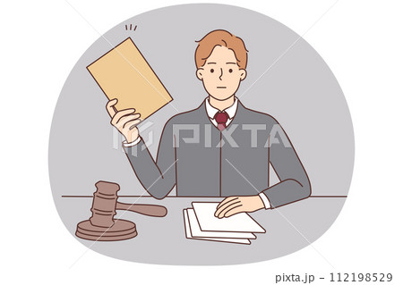Male lawyer with documents sit at desk 112198529
