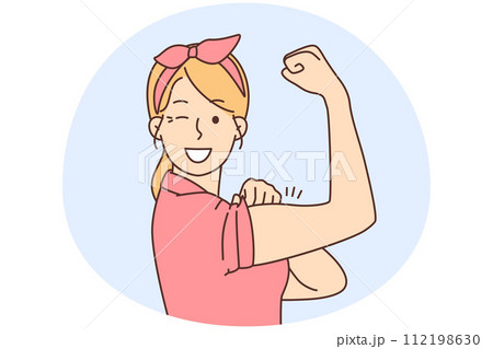 Smiling woman show muscles feeling powerful Smiling woman show muscles feeling powerful 112198630