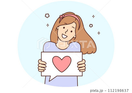 Smiling girl show heart on paper Smiling girl show heart on paper 112198637