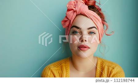 AI-generated content. A woman with a pink headband and yellow sweater is gazing at the camera, showcasing her forehead, lips, chin, eyes, eyebrows, eyelashes, ears, jaw, neck, and sleeves 112198744