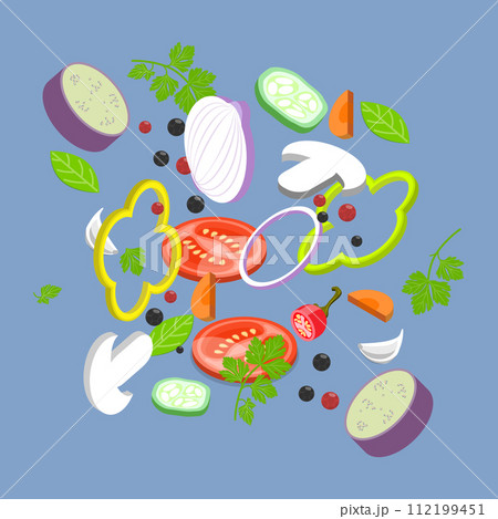 3D Isometric Flat Vector Set of Sliced Vegetables 3D Isometric Flat Vector Set of Sliced Vegetables 112199451
