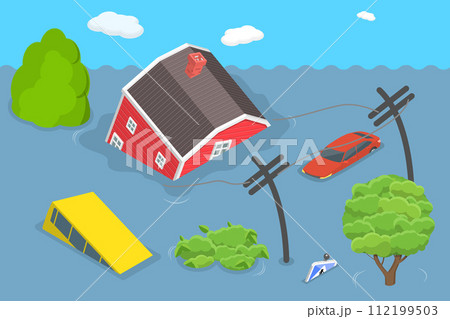 3D Isometric Flat Vector Illustration of Flooded City 3D Isometric Flat Vector Illustration of Flooded City 112199503