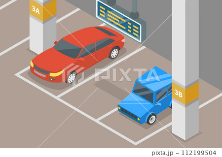 3D Isometric Flat Vector Illustration of Underground Parking Lot 112199504