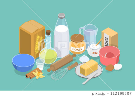 3D Isometric Flat Vector Set of Cooking Ingredients 3D Isometric Flat Vector Set of Cooking Ingredients 112199507