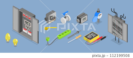 3D Isometric Flat Vector Set of Tools Of Electrician 3D Isometric Flat Vector Set of Tools Of Electrician 112199508