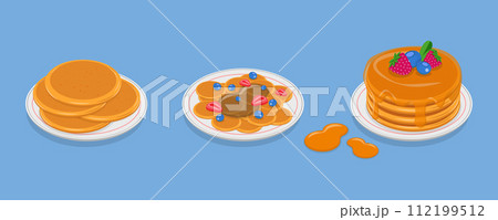 3D Isometric Flat Vector Set of Pancakes 112199512